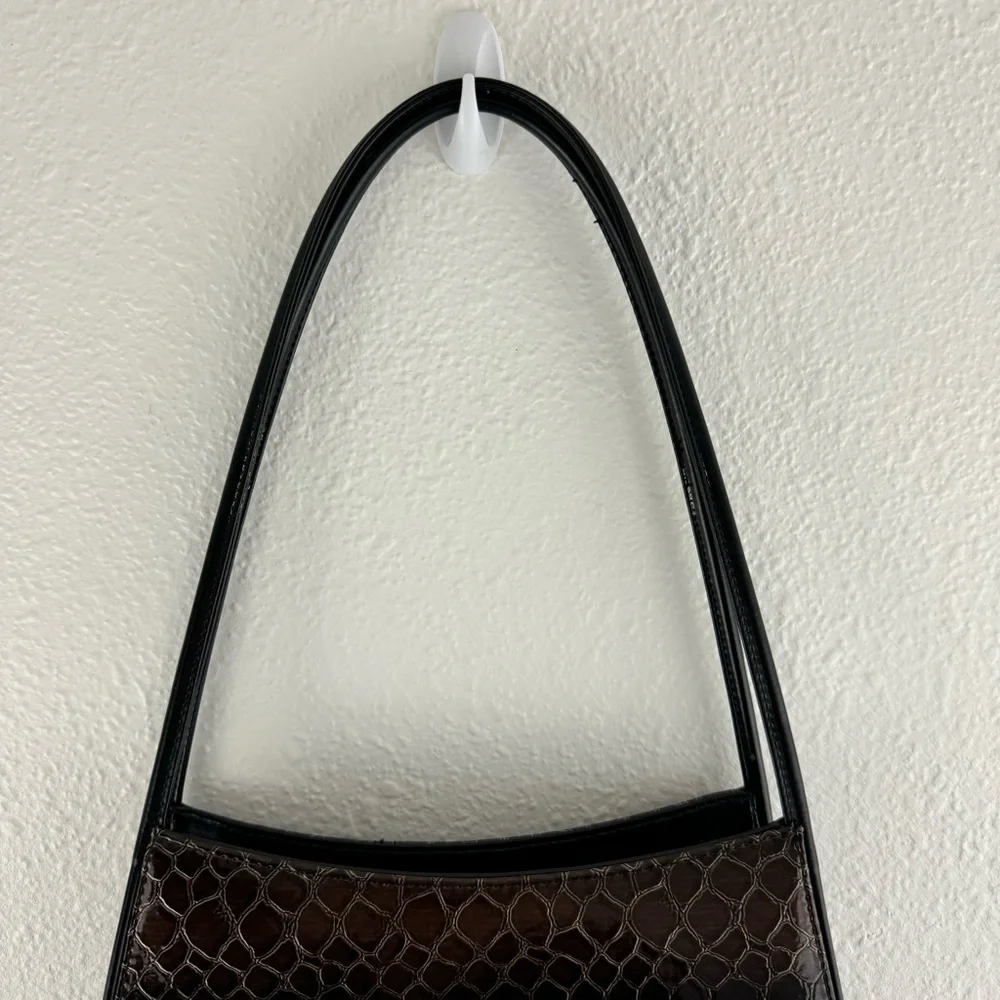 Vintage 90s Black Dark Brown Shiny Faux Leather Croc Embossed Shoulder Bag